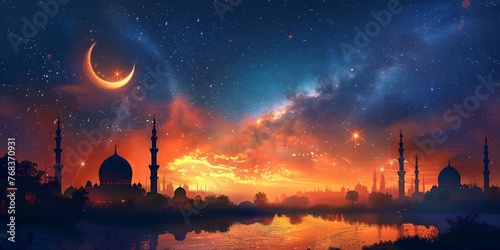 A beautiful painting of a city with a large crescent moon in the sky
