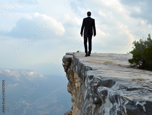 A man in a suit is walking on a cliff overlooking a valley