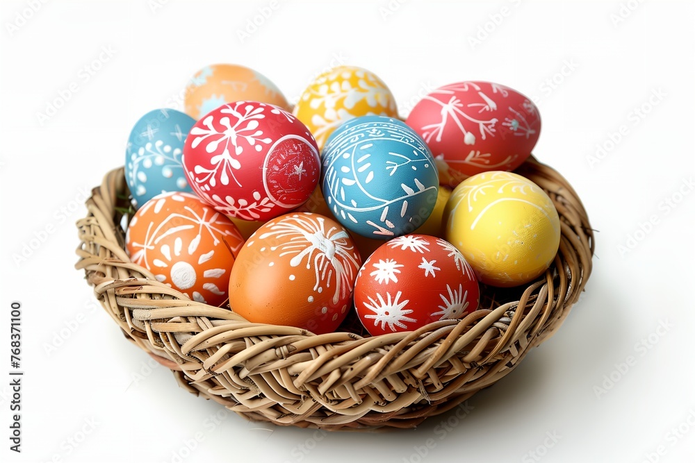 A basket of painted eggs with a variety of colors and designs