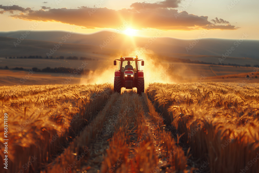 Fototapeta premium A tractor moves through a field of mature wheat during the golden hour, highlighting the synergy between modern farming and the timeless beauty of the harvest.