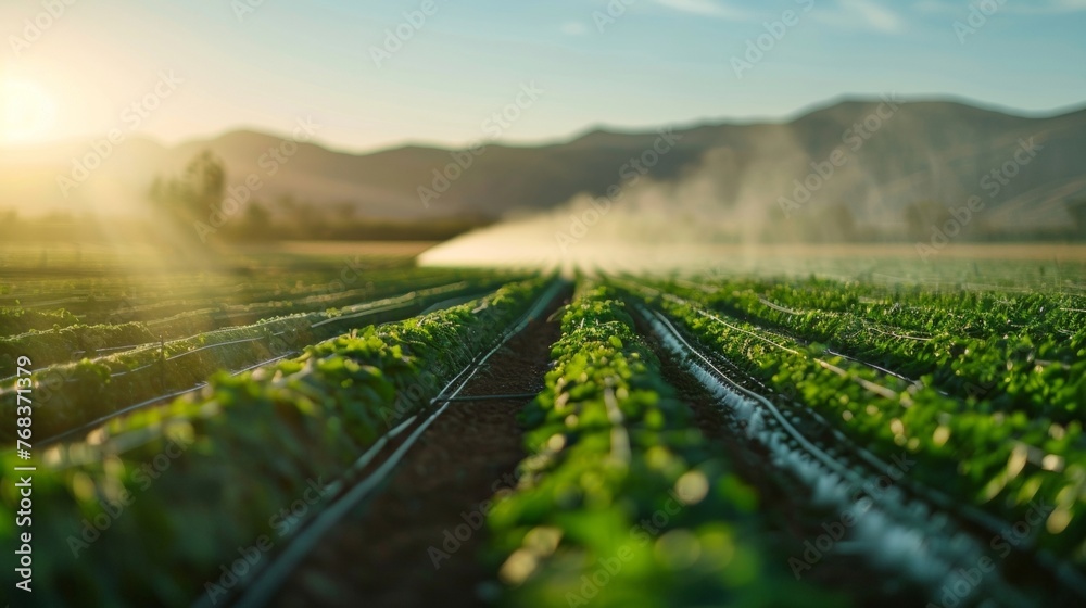 An image of a solarpowered irrigation system with water spraying onto rows of crops in a field. . AI generation. - obrazy, fototapety, plakaty 