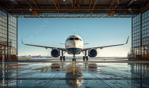 An aircraft parked in the hangar