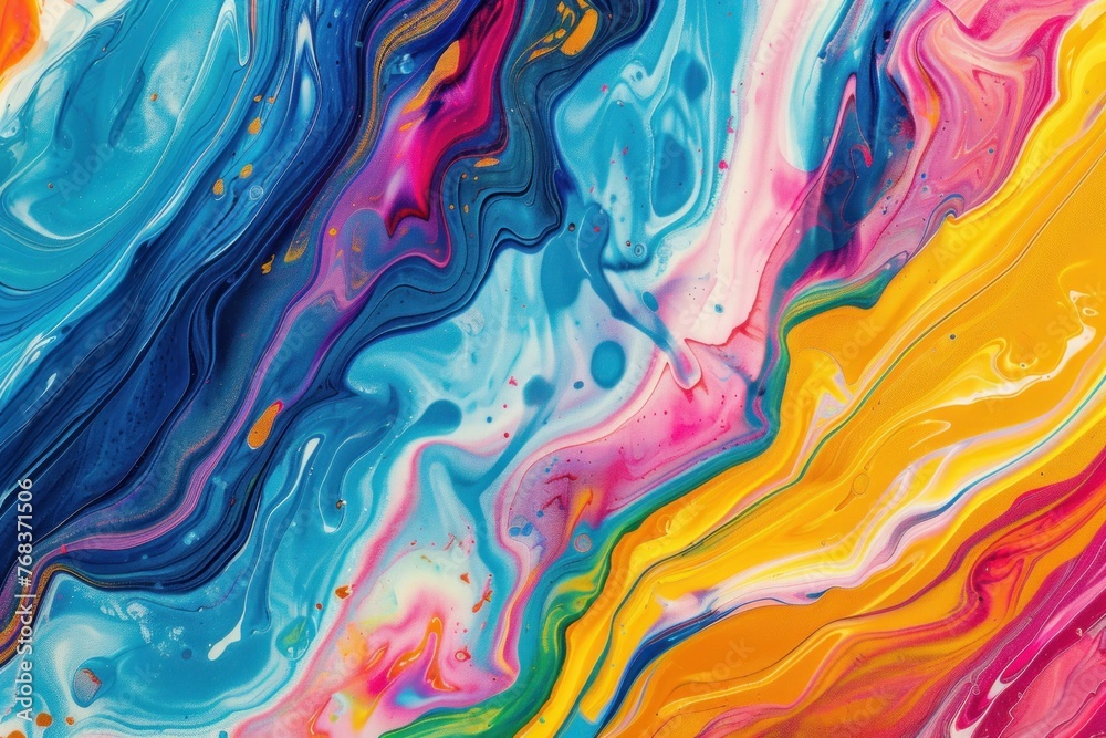 A colorful painting with blue, yellow and pink colors.