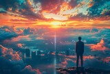 Solitary Figure Overlooking a Majestic Sunset Sky with Reflective Clouds and City Silhouette
