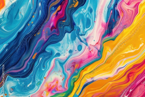 A colorful painting with blue, yellow and pink colors.