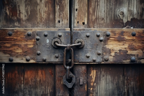 The rustic charm of a weather-beaten latch on a wooden door in an old factory setting