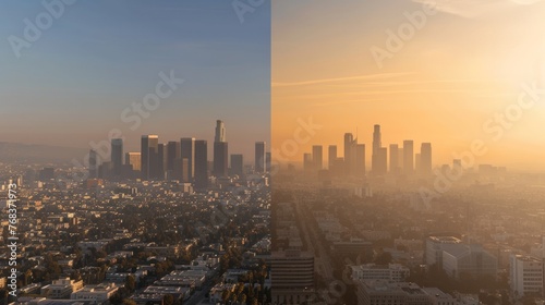 A beforeandafter comparison of a city skyline with the first image showing smog and pollution and the second image showing clear skies . AI generation.