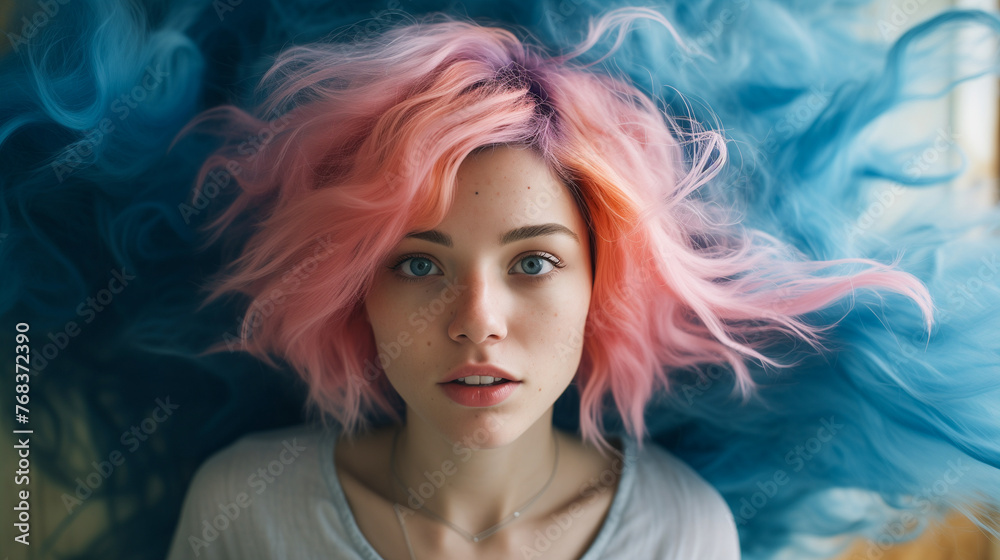 Woman with blue and pink hair looking at the camera. Indoor portrait with dynamic hair movement.