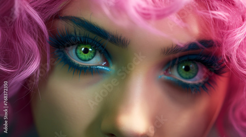 Close-up of a woman with pink hair and colorful makeup, focus on green eyes.