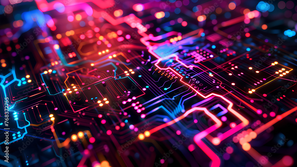 Obraz premium Futuristic Circuit Board with Glowing Neon Lights . A close-up image of a high-tech circuit board with neon blue and red lights symbolizing advanced technology and computing. 