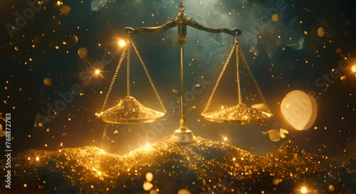 Scales of justice tipping between sweat and gold bars, cosmic photo