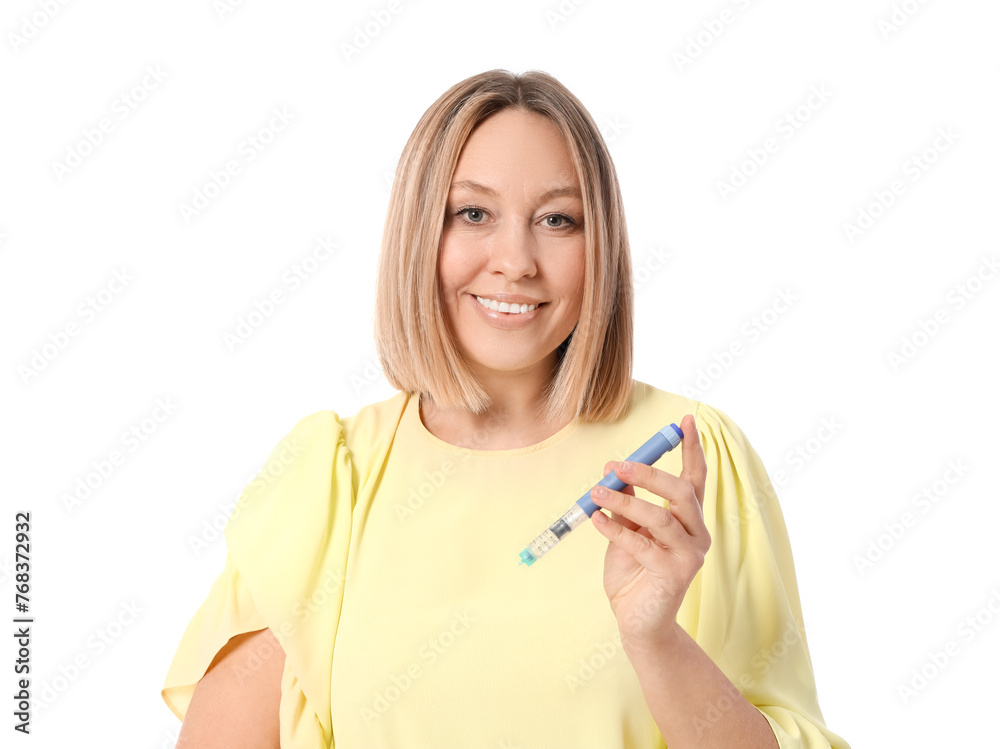 Diabetic woman with lancet pen on white background Diabetic woman with lancet pen on white background