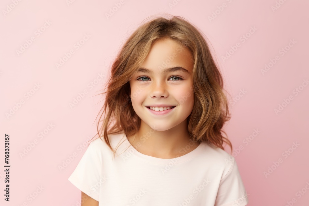 smiling little girl in a white t-shirt on a pink background smiling little girl in a white t-shirt on a pink background