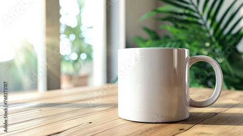 Blank Canvas Coffee Mug Mockup with Wooden Table and Greenery