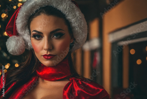 attractive provocatively dressed woman in santa claus costume