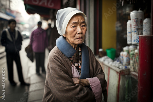 an old Chinese or Japanese or Korean woman is standing at a shop, or her shop, on the sidewalk of a side street