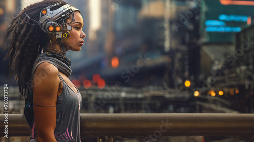 a thoughtful young attractive woman half-robot or a humanoid android with artificial intelligence parts or a technological upgrade as human evolution, mechanical body parts photo