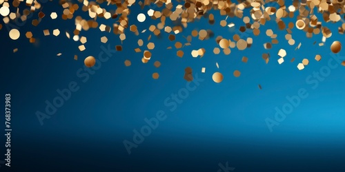 Gold confetti bokeh on blue background. © Voilla