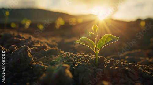 Single Seedling Sprouting in Sunlit Soil at Dawn  New Beginnings Concept