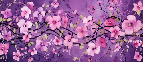 A lovely painting depicting a branch adorned with delicate pink flowers in bloom against a soft background