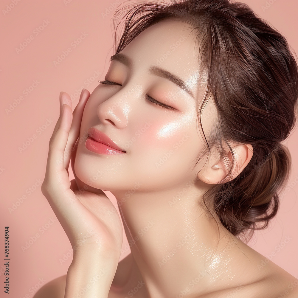 Beauty Woman face massage her fingers with Natural Glow and Beauty Products pink background