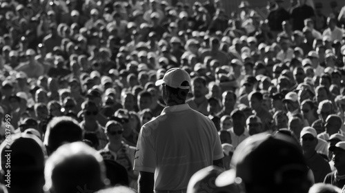 The contrast of a golfers calm composure amidst the chaos of the crowded stadium.