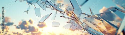 Glass ceiling break, ambition metaphor, below view, clear shards , 3D render