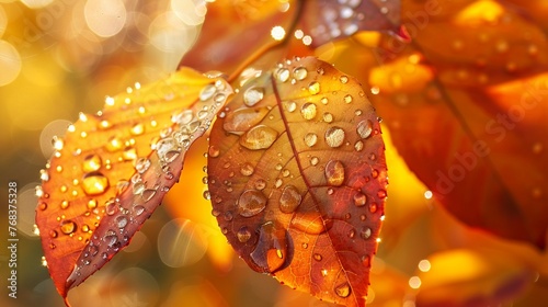 Glistening leaf droplets  radiant hues  tight focus  bright noon   no grunge