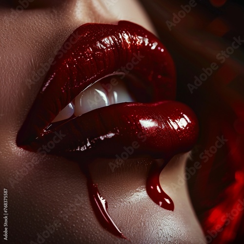 Vampire lips, crimson red, extreme closeup, glossy finish , clean sharp focus
