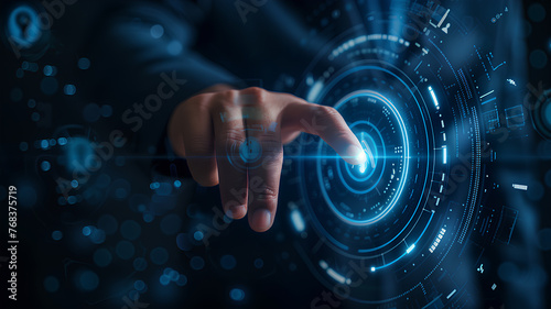 Cybersecurity Interface with Hand Unlocking Digital Lock . A hand interacting with a sophisticated cybersecurity interface, featuring a digital lock mechanism amidst a network of connections. 