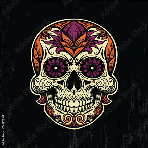 Dead day party, sugar skull or halloween holiday. Traditional mexican music festival, fun bright dance vector characters. Halloween Dia De Los Muertos Celebration. Vector Color Tattoo. Skull gothic. (ID: 768375917)