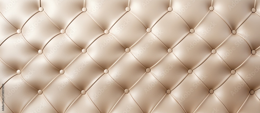 Close-up view of a stylish beige leather upholstered couch featuring intricate button details