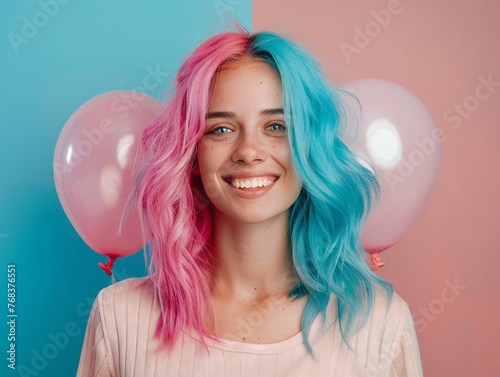 modern adult woman half of her hair is pink and the other half is blue in stylish pastel clothes with ballond laugh at camera, barbicore style © BOMB8