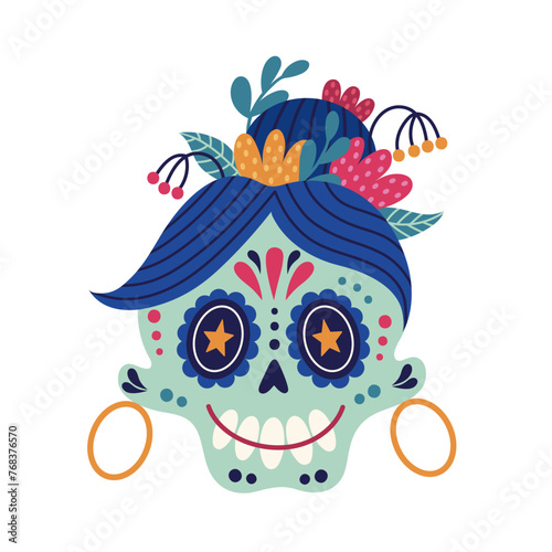 Cute sugar skull vector icon. Head of a woman with a traditional hairstyle, a painted ornament, gold earrings, flowers. Smiling face, Mexican mask for Cinco de Mayo, Day of the Dead. Cartoon doodle