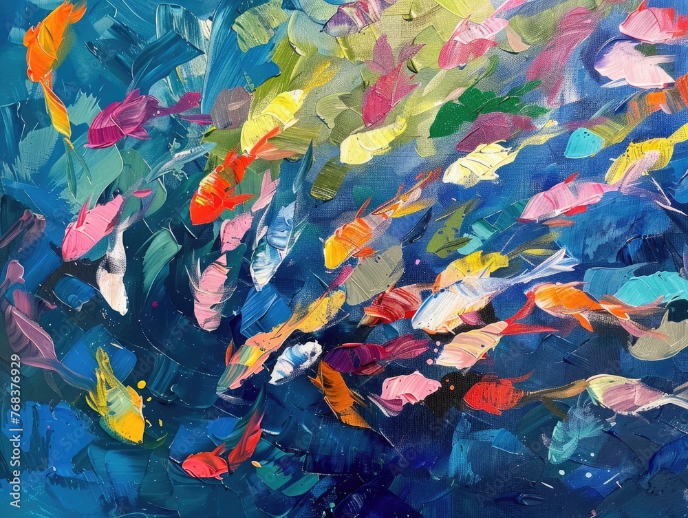 An impressionistic painting of a school of fish with each individual a burst of color