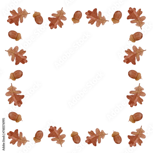 An oak leaf with an acorn watercolor square frame isolated on white