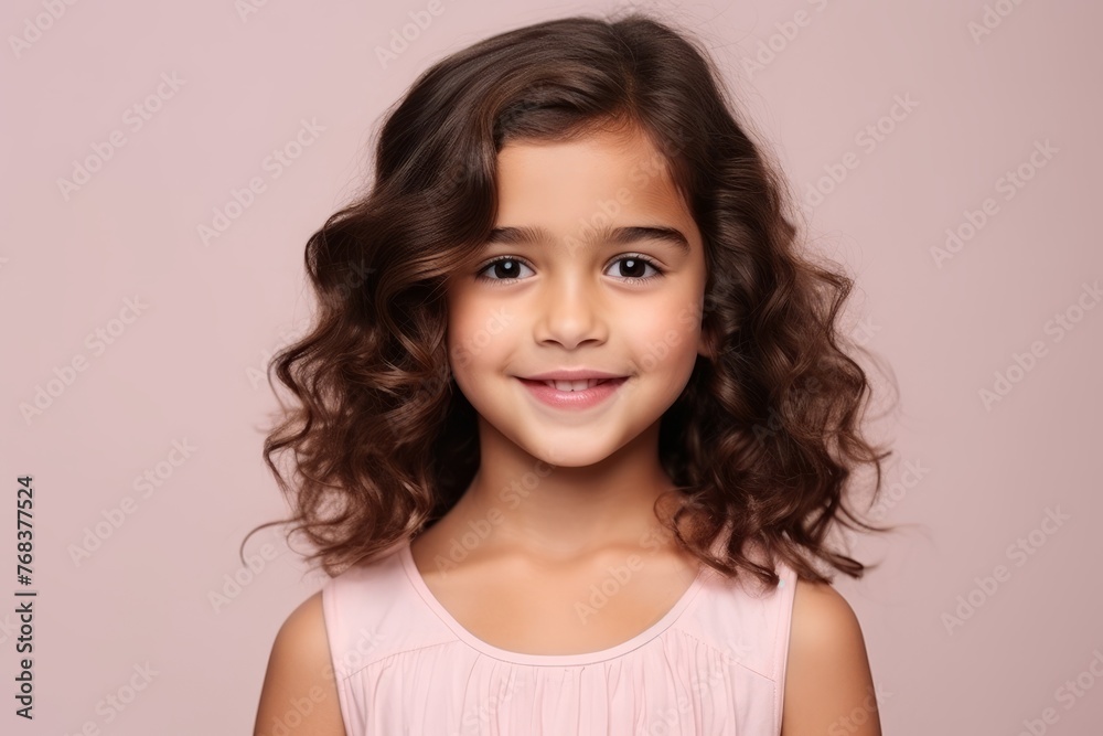 Portrait of a smiling little girl with curly hair over pink background Portrait of a smiling little girl with curly hair over pink background