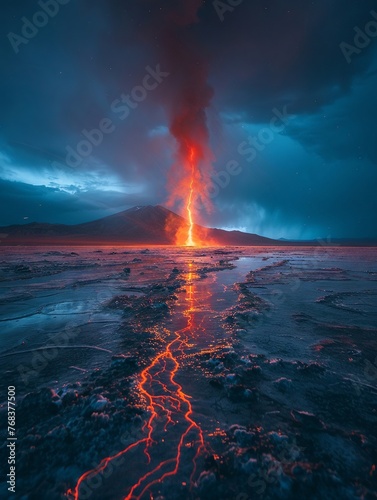 ultra wide angle shot, far from shot, lightning falling in the center of the sea, during the blue hour, emitting red sparks, cyroconducted by a barren desert, minimal photography