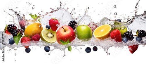 A variety of fruits and berries cascade into a babbling stream. Among them are apples  citrus  and limes  all natural foods perfect for recipes