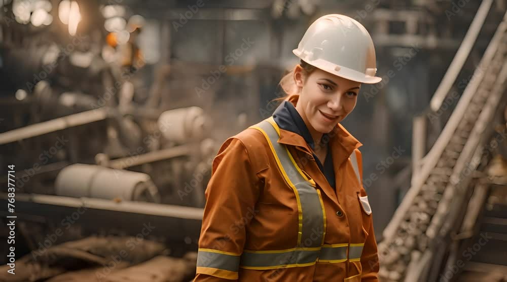 Portrait of a happy european girl factory worker wearing hard hat and work clothes standing beside Portrait of a happy european girl factory worker wearing hard hat and work clothes standing beside