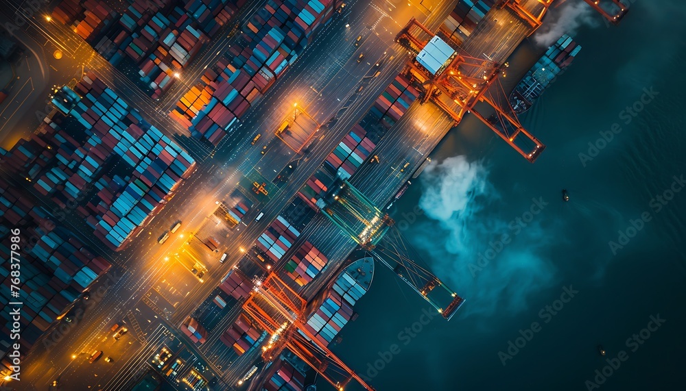 An aerial perspective captures a bustling trade port, with containers being loaded, reflecting vibrant economic exchanges An aerial perspective captures a bustling trade port, with containers being loaded, reflecting vibrant economic exchanges