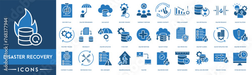 Disaster Recovery icon. Recovery Plan, Disaster Preparedness, Data Backup, Recovery Strategy, Business Continuity, Crisis Management, Data Restoration, Disaster Resilience and Backup Solutions icon.