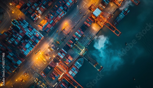 An aerial perspective captures a bustling trade port, with containers being loaded, reflecting vibrant economic exchanges photo