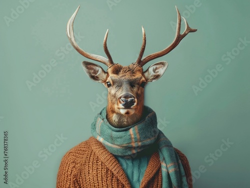 Photography A human size deer in a trendy vintage hipster Winter sweatshirt Abstract, minimal portrait  © BOMB8