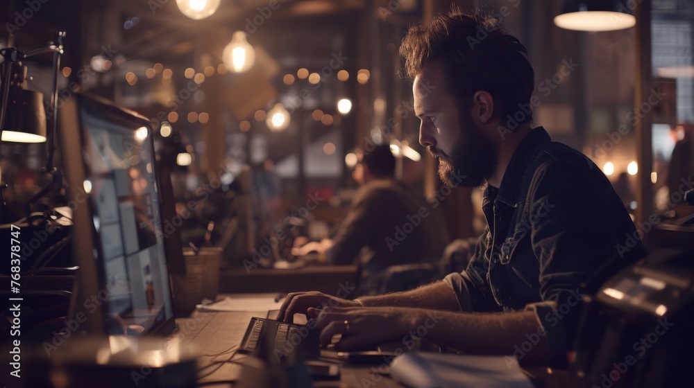 Man concentrating on his computer in a dimly lit creative office workspace at night.
