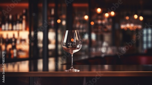 A single wine glass stands on a bar counter with a blurred background of liquor bottles and warm ambient lights.