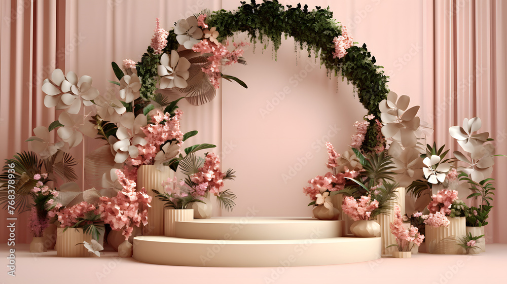 Obraz premium Flowers surround the main image of e-commerce product display platform booth base horizontal web page background