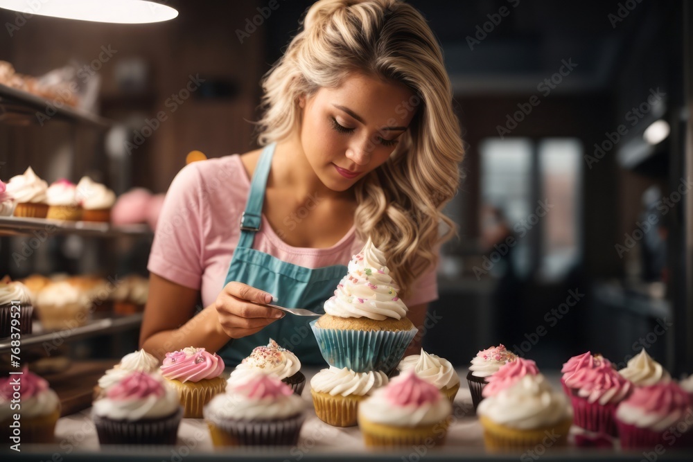 female baker decorating delicious cupcakes in bakery female baker decorating delicious cupcakes in bakery