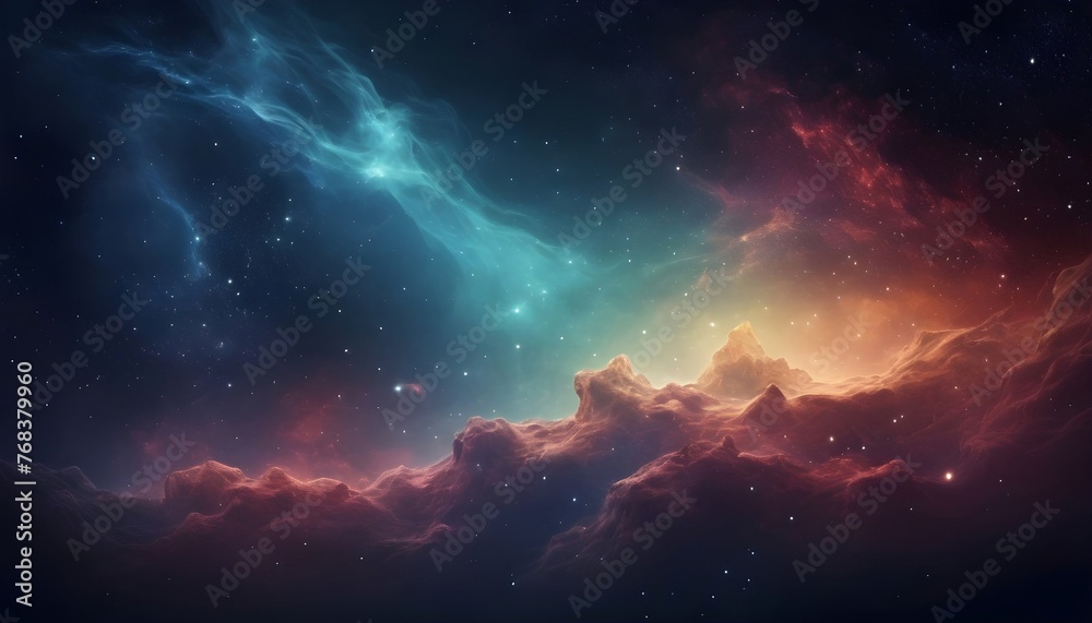 Galaxy with colorful nebula, shiny stars and heavy clouds Background - obrazy, fototapety, plakaty 