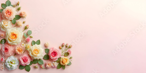 Greeting card floral design template of rose flowers on pink background with copy space.